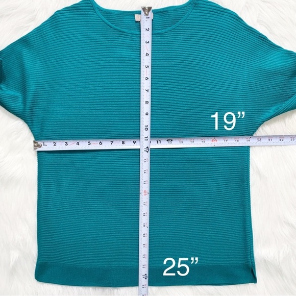 Chico’s Teal Ribbed Knit Raglan 3/4 Sleeve Dolman Pullover Tunic Sweater Top - Picture 8 of 9